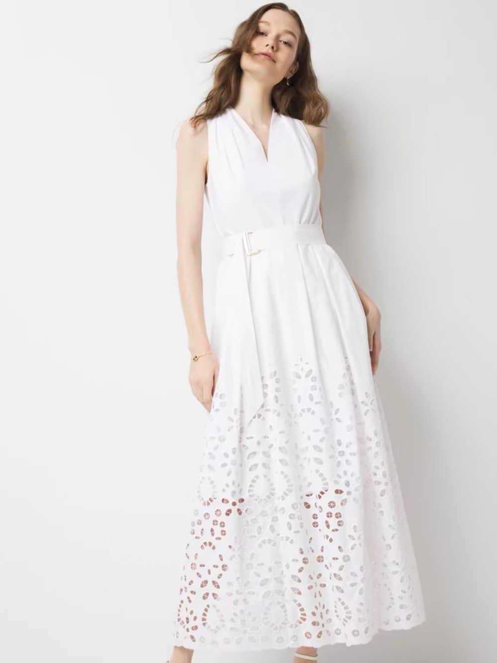 White House Black Market White Sleeveless Eyelet Midi Dress with Tie